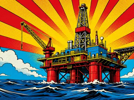 Exxon US30231G1022 als Pop-Art Comic mit stilisierter Ölplattform, Halftone-Punkten und buntem Comic-Strahlenhintergrund - Foto: THN