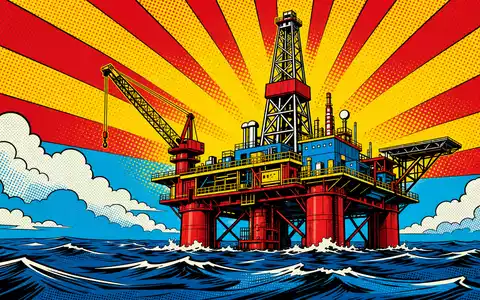 Exxon US30231G1022 als Pop-Art Comic mit stilisierter Ölplattform, Halftone-Punkten und buntem Comic-Strahlenhintergrund - Foto: THN