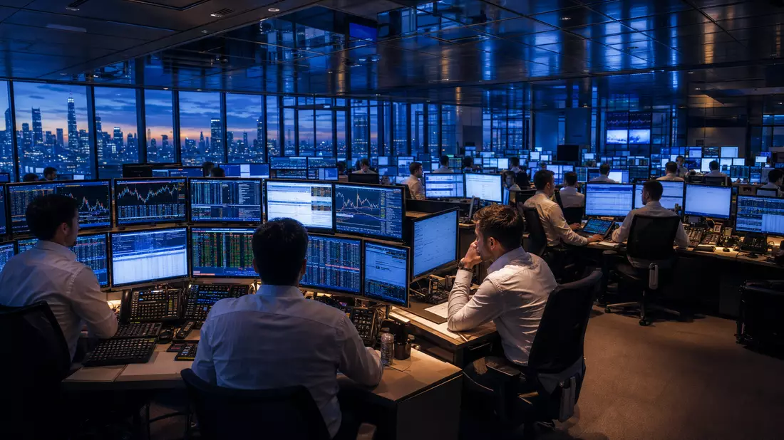 Photorealistic trading floor filled with investment bankers in white shirts at multi-monitor workstations during blue hour, city skyline glowing through floor-to-ceiling windows in the background