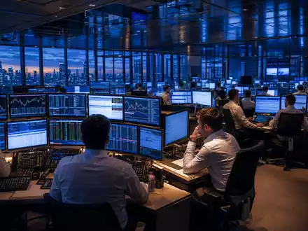 Goldman Sachs US38141G1040 Trading Floor Banker in Hemden arbeiten bei blauer Stunde an Bildschirmen - Foto: THN