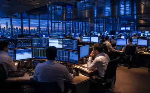 Goldman Sachs US38141G1040 Trading Floor Banker in Hemden arbeiten bei blauer Stunde an Bildschirmen - Foto: THN