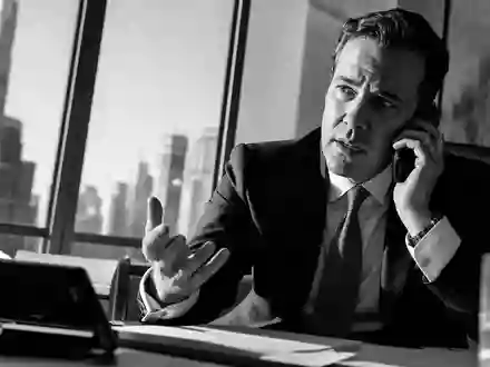 Goldman Sachs US38141G1040 Investmentbanker im Anzug führt intensives Deal Telefonat am Handy dokumentarisch - Foto: THN