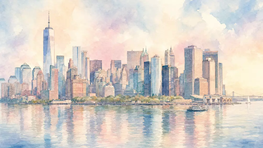 Soft watercolor painting of the Lower Manhattan financial district skyline viewed from across the harbour, pastel tones of pink, blue and ivory blending in wet-on-wet washes with impressionistic reflections in calm water below