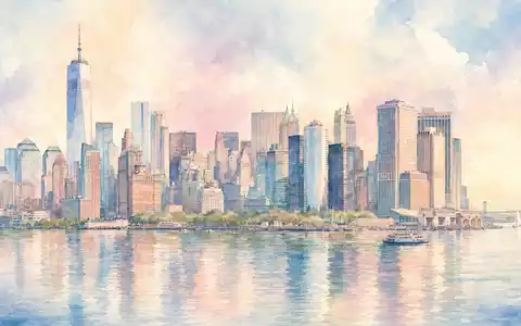 Goldman Sachs US38141G1040 zeigt Lower Manhattan Skyline als Aquarell in weichen Pastelltönen - Foto: THN