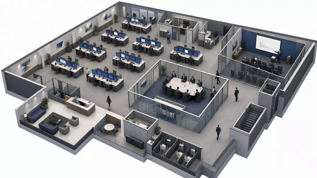 Isometric 3D illustration of an investment bank office floor showing a trading desk area with monitors, a glass-walled conference room with seated figures in meeting, and a pitch presentation room with projection screen, in cool grey and steel blue tones