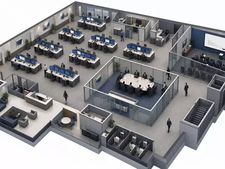 Goldman Sachs US38141G1040 isometrische Investmentbank Etage mit Trading Desk Konferenzraum und Pitch Room - Foto: THN