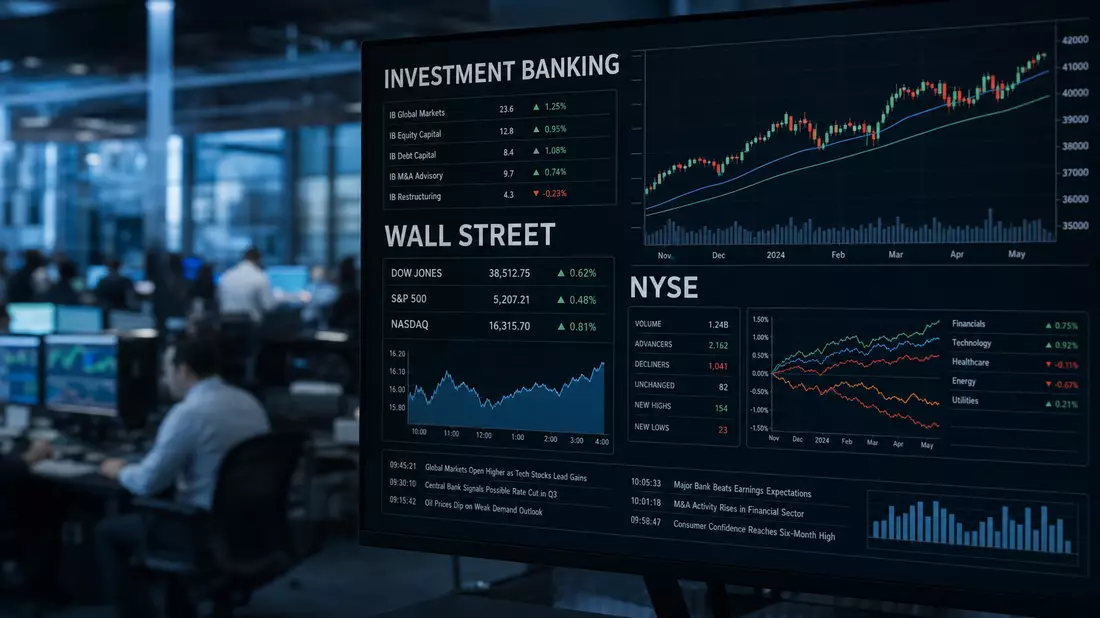 Editorial-style photograph of a large financial data monitor screen displaying INVESTMENT BANKING, W