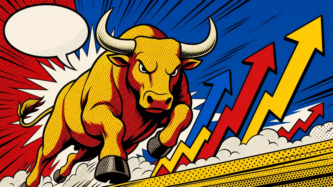 Pop art comic illustration of a bold stylised charging bull with yellow and red halftone dot fill patterns and bold black outlines, flanked by multiple upward-pointing comic-style arrows in primary colors, dynamic diagonal composition with energy lines