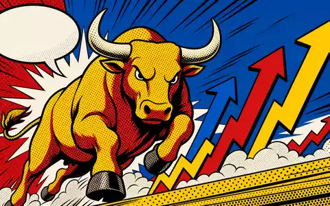 Goldman Sachs US38141G1040 Pop Art Bulle mit Halftone Punkten und aufwärts weisenden farbigen Comic Pfeilen - Foto: THN