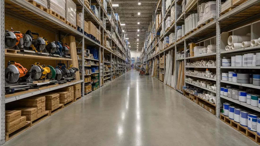 Photorealistic view down a long hardware warehouse aisle with towering metal shelving racks stocked 