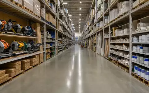 Home Depot US4370761029 zeigt einen großen Baumarkt-Gang mit vollbepackten Hochregalen voller Werkzeuge - Foto: THN