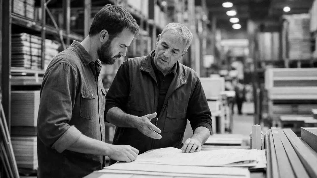Black and white documentary photograph of a customer and store employee reviewing blueprints together at a lumber counter in a hardware warehouse, candid reportage style with high contrast grainy film texture