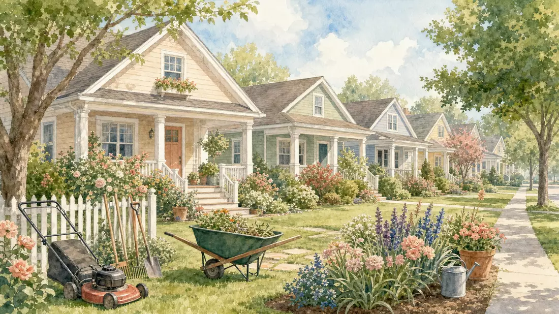 Soft watercolor painting of a row of American suburban craftsman houses with white picket fences, blooming gardens, a lawn mower, wheelbarrow, and garden tools in warm pastel tones of peach, sage green, sky blue and cream
