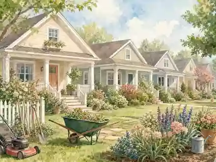 Home Depot US4370761029 inspiriert Aquarell-Idylle amerikanischer Vorstadthäuser mit Gartengeräten und bunten Blumen - Foto: THN