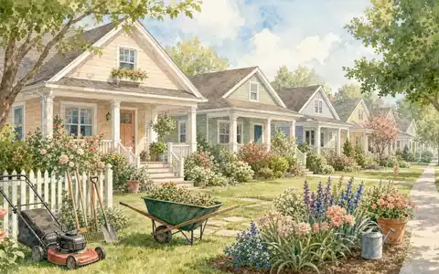 Home Depot US4370761029 inspiriert Aquarell-Idylle amerikanischer Vorstadthäuser mit Gartengeräten und bunten Blumen - Foto: THN