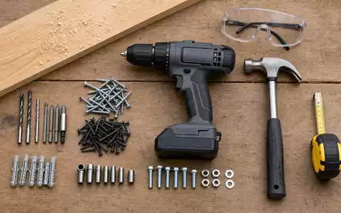 Home Depot US4370761029 präsentiert Flatlay-Arrangement von Akkubohrer, Hammer, Maßband, Schrauben und Schutzbrille - Foto: THN