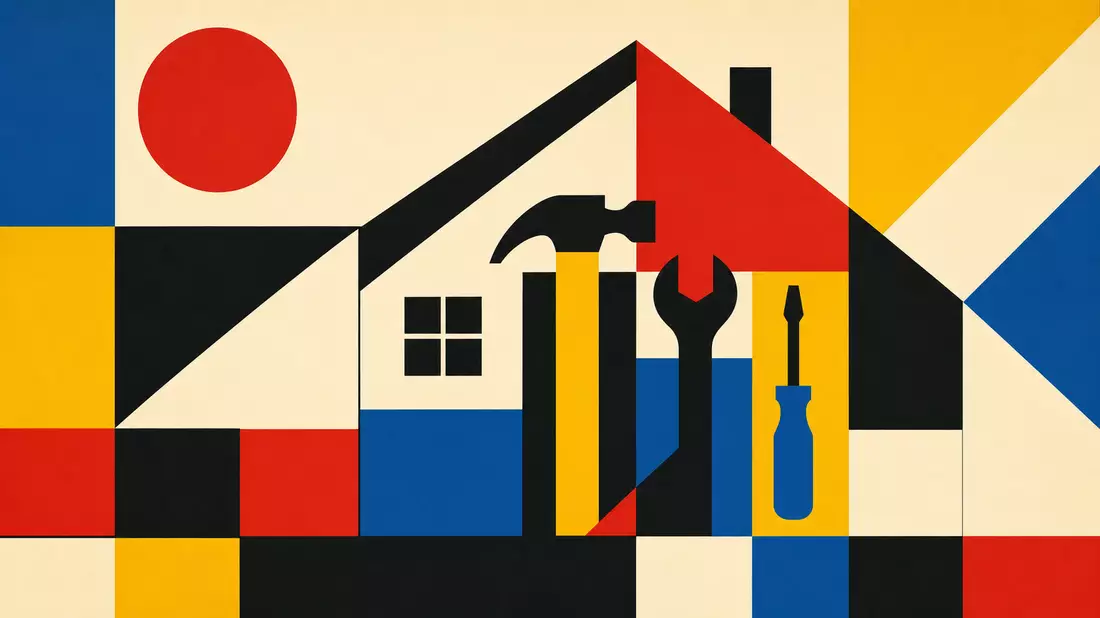 Bauhaus-style poster illustration of a geometric house silhouette with hammer, wrench and screwdriver tool silhouettes integrated as flat graphic shapes, bold primary colors of red, yellow and blue on cream background with black outlines