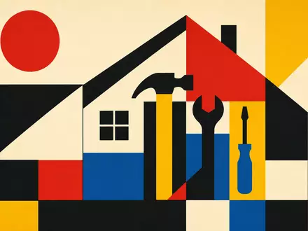 Home Depot US4370761029 im Bauhaus-Stil: geometrisches Hausprofil und Werkzeug-Silhouetten in kräftigen Primärfarben - Foto: THN