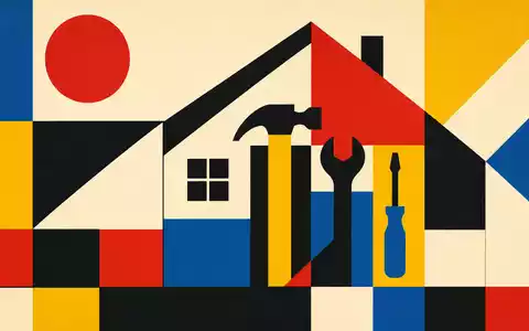 Home Depot US4370761029 im Bauhaus-Stil: geometrisches Hausprofil und Werkzeug-Silhouetten in kräftigen Primärfarben - Foto: THN