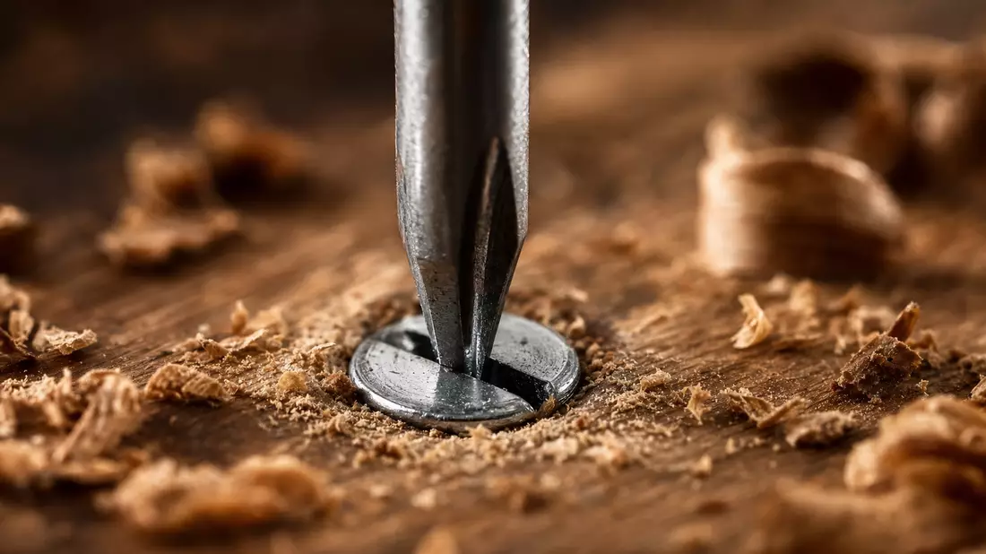 Extreme macro close-up of a flathead screwdriver tip precisely engaged in a screw head sunk into dark wood, fresh pale wood shavings scattered across the grain surface, shallow depth of field with dramatic side lighting