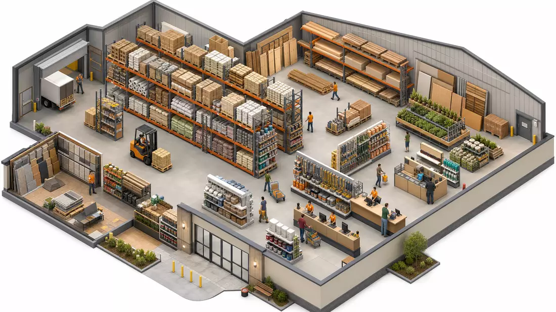 Isometric 3D illustration of a home improvement warehouse store with forklift, tall storage racks, checkout counter area and small worker figures, shown from a bird's-eye angle with warm neutral palette and detailed inventory
