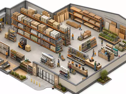 Home Depot US4370761029 als isometrische 3D-Illustration eines Baumarkt-Lagers mit Gabelstapler und Kassenbereich - Foto: THN