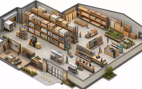 Home Depot US4370761029 als isometrische 3D-Illustration eines Baumarkt-Lagers mit Gabelstapler und Kassenbereich - Foto: THN