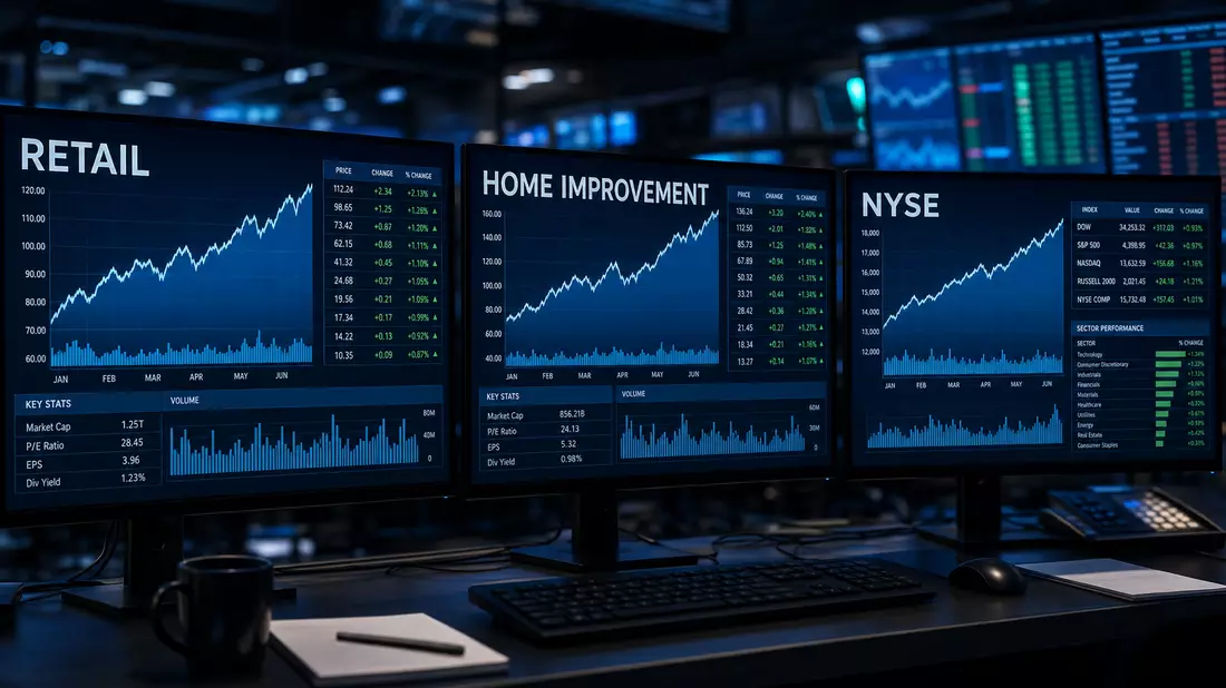 Editorial financial photography of three computer monitors displaying stock market charts and data w