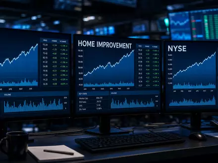 Home Depot US4370761029 erscheint auf Börsen-Bildschirmen mit NYSE-, RETAIL- und HOME-IMPROVEMENT-Charts deutlich sichtbar - Foto: THN
