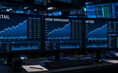 Home Depot US4370761029 erscheint auf Börsen-Bildschirmen mit NYSE-, RETAIL- und HOME-IMPROVEMENT-Charts deutlich sichtbar - Foto: THN