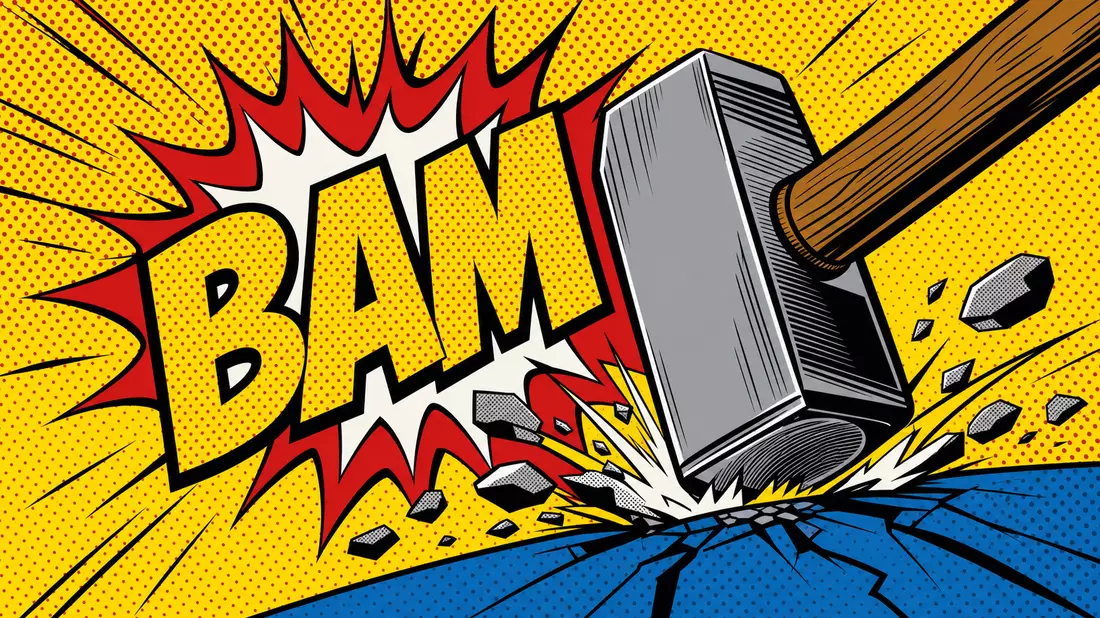 Pop art comic book illustration of a stylized sledgehammer striking with a bold BAM explosion effect