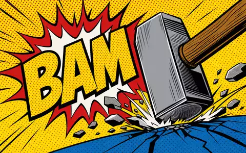 Home Depot US4370761029 als Pop-Art-Comic mit stilisiertem Hammer, Halftone-Punkten und explosivem BAM-Schrifteffekt - Foto: THN