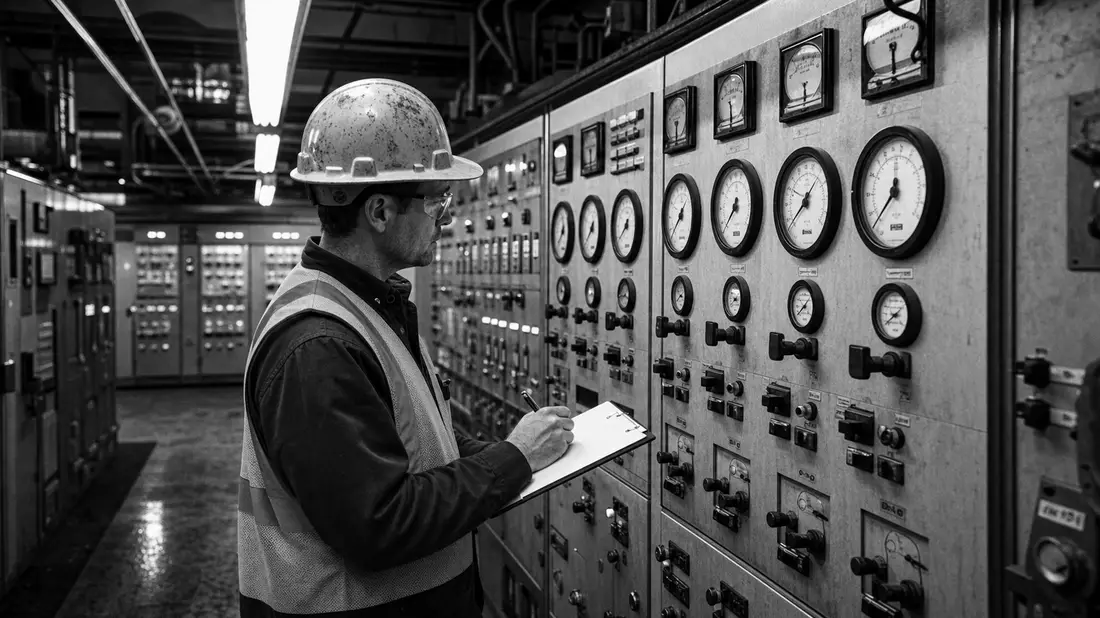 Black and white documentary photograph of an industrial technician wearing a hard hat and safety vest standing at a large control panel with rows of gauges and dials, taking notes on a clipboard in a factory control room