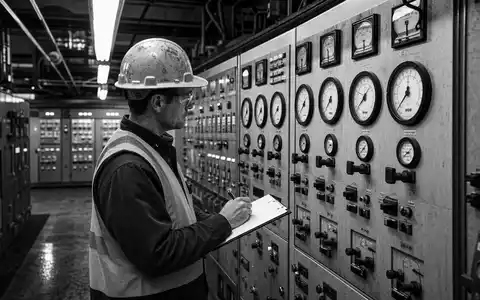 Honeywell US4385161066 Schwarz Weiss Reportage zeigt Industrietechniker an Steuerungsanlage mit Clipboard Daten - Foto: THN
