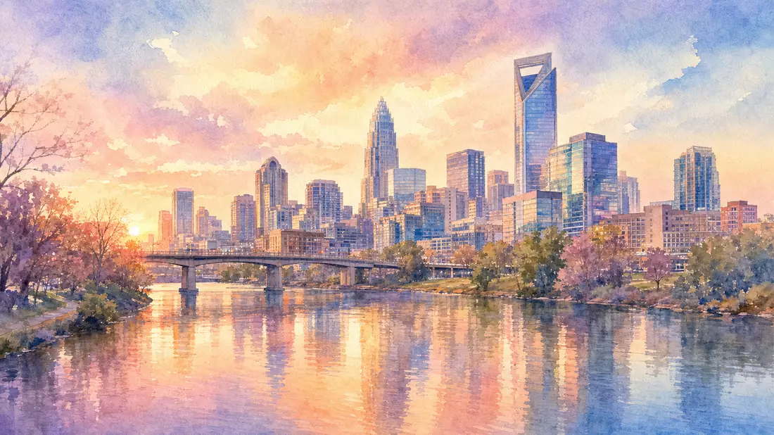 Soft watercolor painting of Charlotte North Carolina downtown skyline panorama at golden hour, modern glass office towers reflected in calm river, pastel tones of peach pink lavender and blue sky with loose impressionistic brushwork