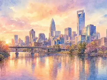 Honeywell US4385161066 Aquarell Illustration zeigt Charlotte North Carolina Skyline in sanften Pastelltönen - Foto: THN