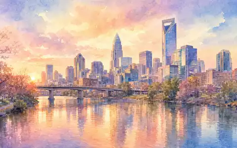 Honeywell US4385161066 Aquarell Illustration zeigt Charlotte North Carolina Skyline in sanften Pastelltönen - Foto: THN