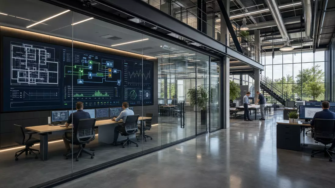 Architectural interior of a modern building technology control center with sleek glass walls, large building management system display showing floor plans and energy flow, engineers at workstations, polished concrete floors and industrial ceiling