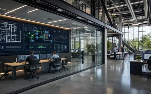 Honeywell US4385161066 Building Management Center mit BMS Display Glaswänden und modernen Ingenieuren - Foto: THN