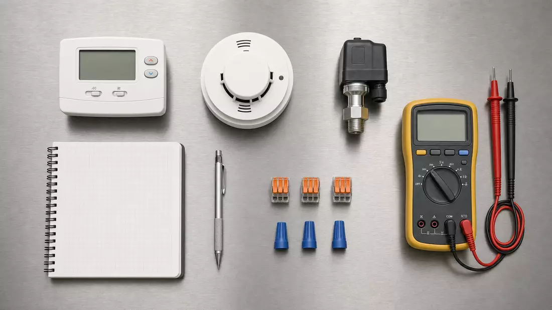 Top-down flat lay on brushed stainless steel surface of industrial components: generic white thermostat, round smoke detector, pressure switch, digital multimeter with probes, spiral-bound notebook, mechanical pencil and wire connectors
