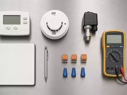 Honeywell US4385161066 Flatlay auf Edelstahl mit Thermostat Rauchmelder Druckwächter Multimeter und Notizbuch - Foto: THN