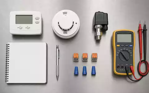Honeywell US4385161066 Flatlay auf Edelstahl mit Thermostat Rauchmelder Druckwächter Multimeter und Notizbuch - Foto: THN
