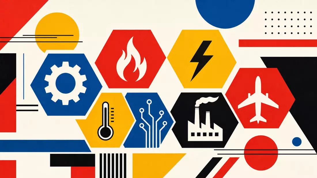 Bauhaus Constructivist poster design with hexagonal honeycomb grid pattern, each hexagon containing flat icons of industrial symbols including gear, flame, lightning bolt, thermometer, circuit board, factory and airplane, primary colors red blue yellow bl