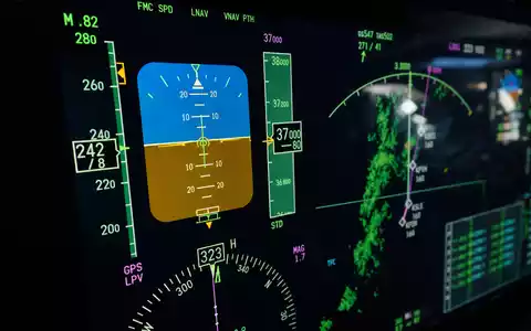 Honeywell US4385161066 Makro Nahaufnahme eines Avionik Displays mit detaillierten Fluginstrumenten und Navigationsdaten - Foto: THN