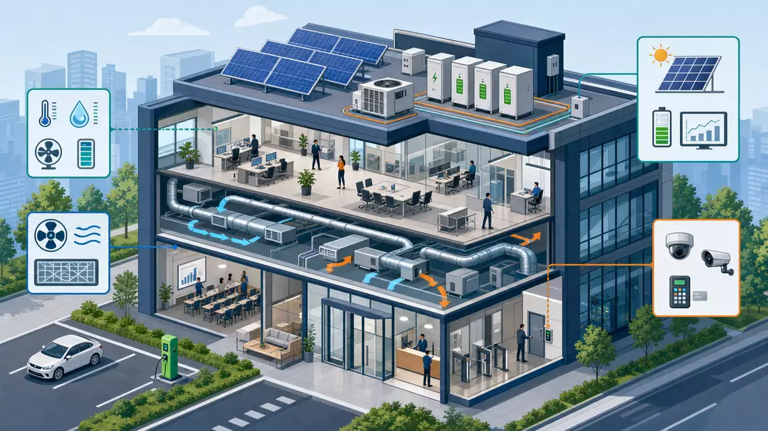 Isometric 3D illustration cutaway of a smart building showing HVAC ventilation ducts on one floor, s