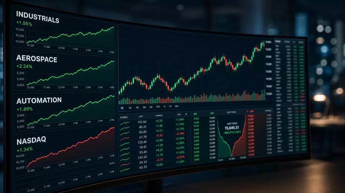 Editorial photograph of a curved financial trading monitor displaying sector labels INDUSTRIALS AERO