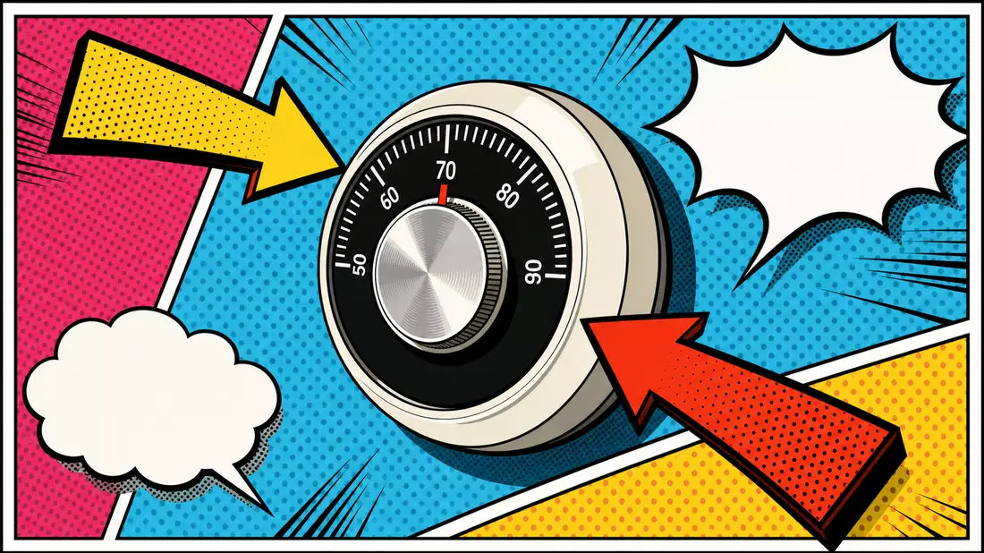 Pop art comic book style illustration of a stylized round wall thermostat centered on halftone dot background in cyan and magenta, bold comic arrows pointing at temperature dial, empty speech bubbles, vibrant yellow orange red colors, Lichtenstein-inspire