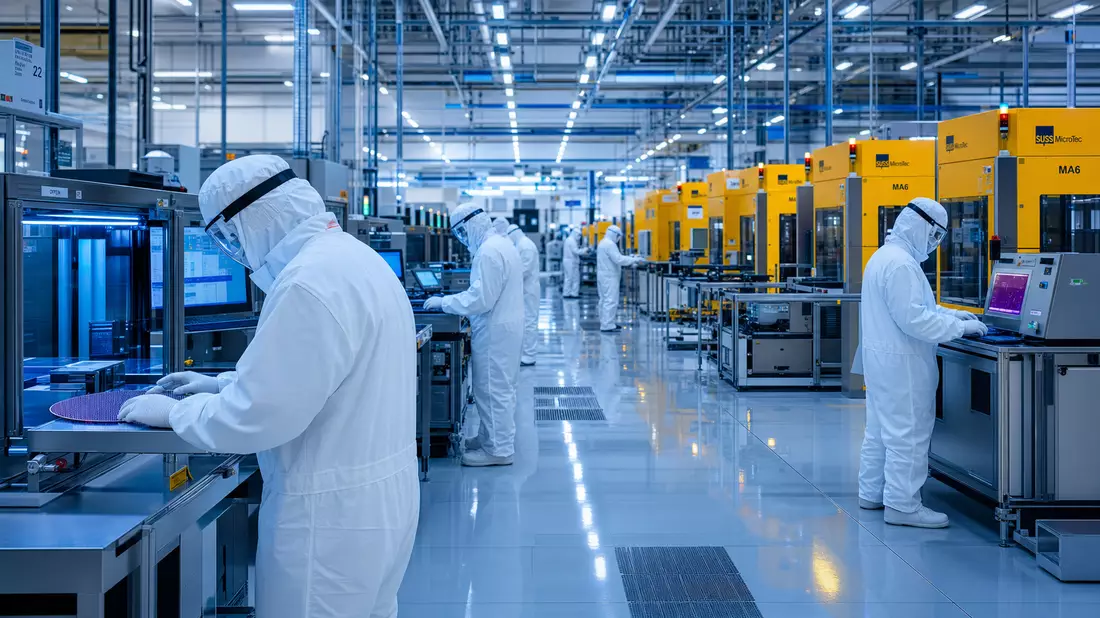 Photorealistic semiconductor cleanroom with technicians in full white bunny suits working at wafer processing stations under cool blue overhead lighting, rows of yellow lithography machines in background