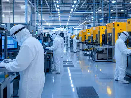 Intel Corporation US4581401001 zeigt Techniker in Bunny Suits im blauen Halbleiter-Reinraum bei der Wafer-Fertigung - Foto: THN