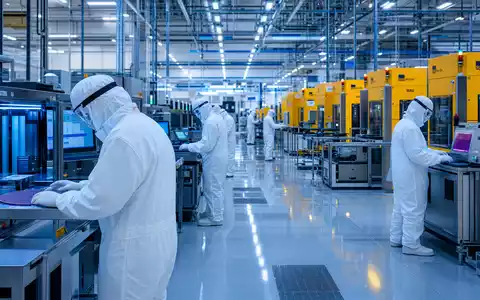 Intel Corporation US4581401001 zeigt Techniker in Bunny Suits im blauen Halbleiter-Reinraum bei der Wafer-Fertigung - Foto: THN